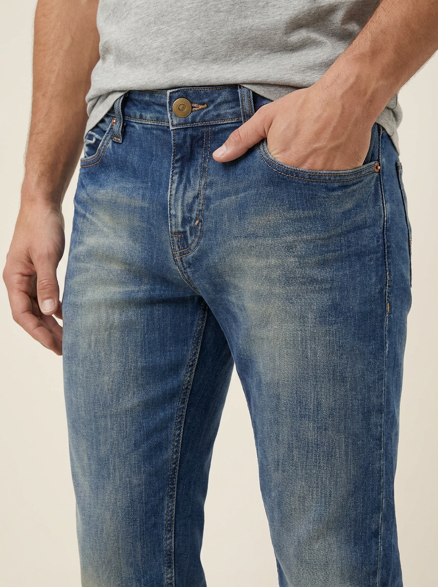 Pánske Džínsy – Modrá Heavy Wash Straight -5
