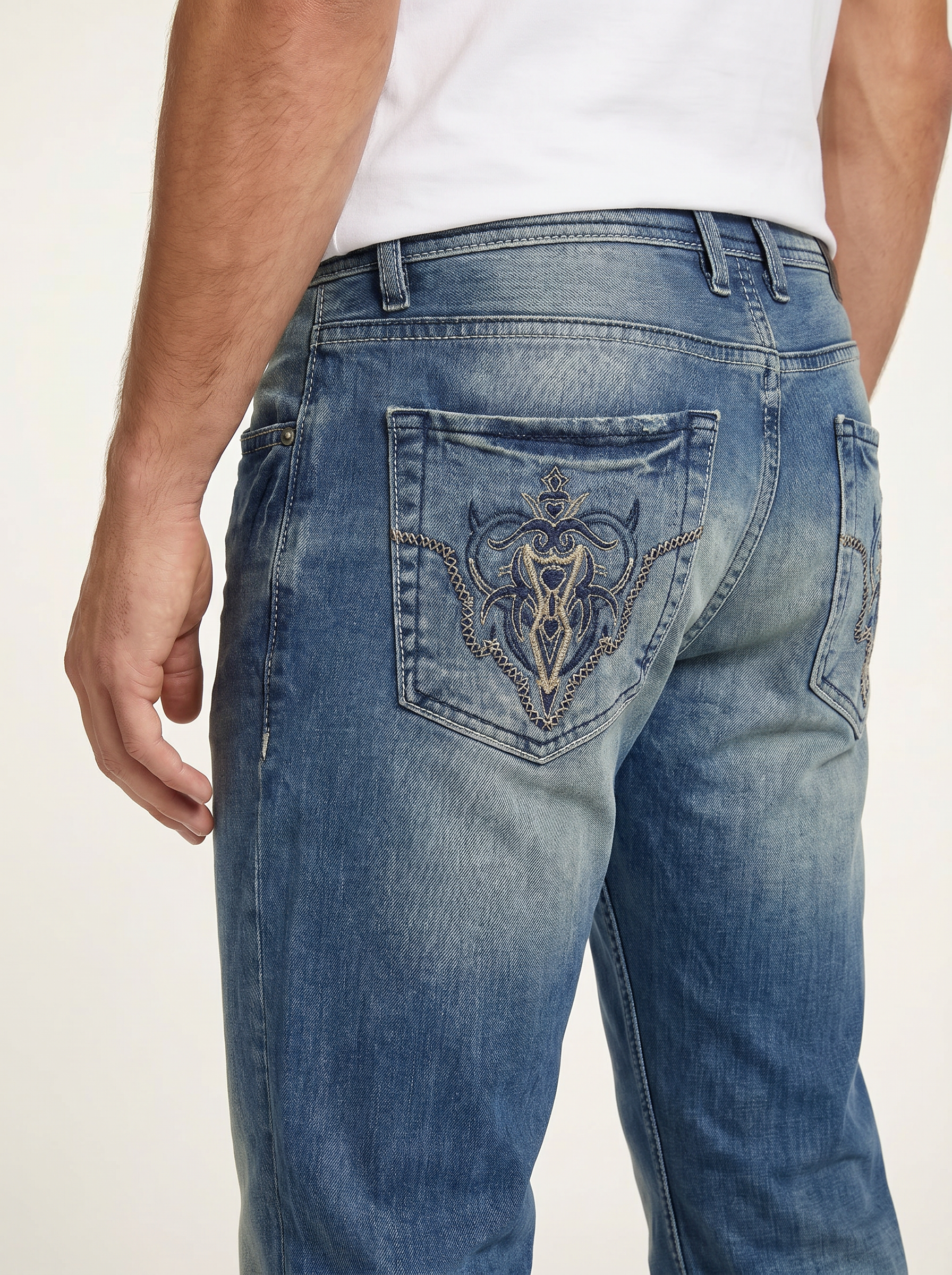 Pánske Džínsy – Modrá Bleach Wash Biker -11 - Franco fashion