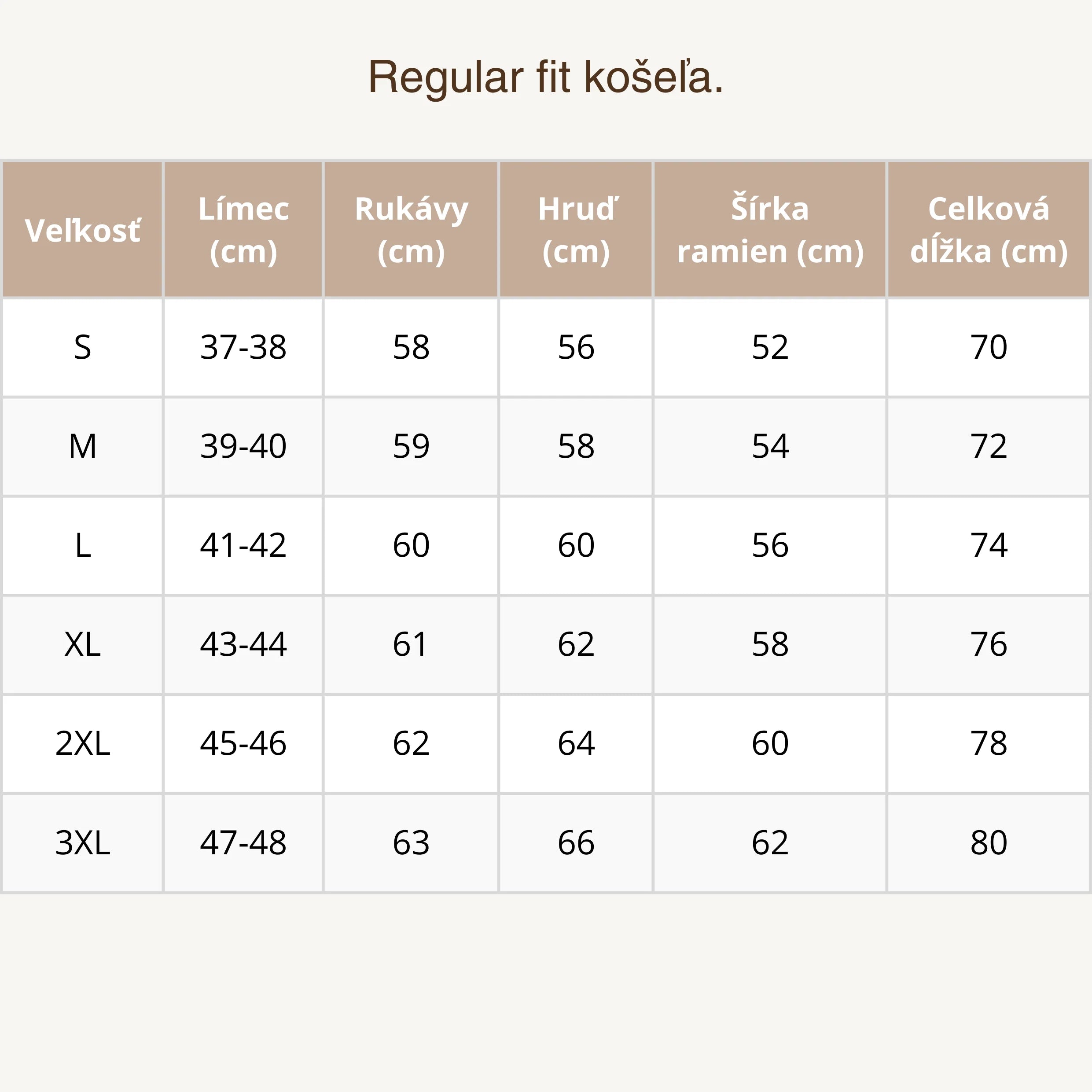 Regular fit košela - tabulka velkosti