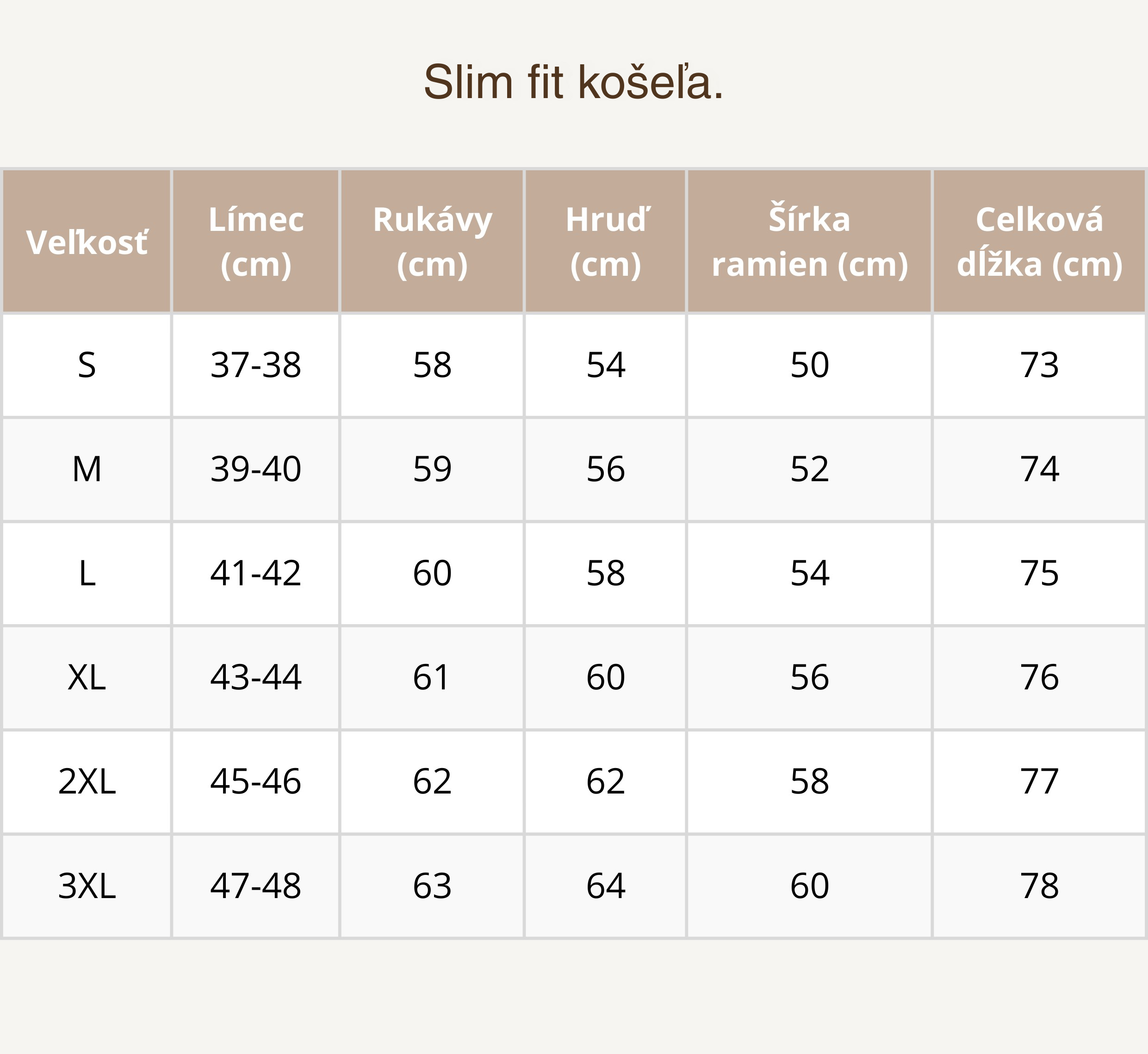 Velkostná tabulka Slim fit košele
